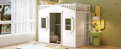 Twin Size House Loft Bed With Ladder - White