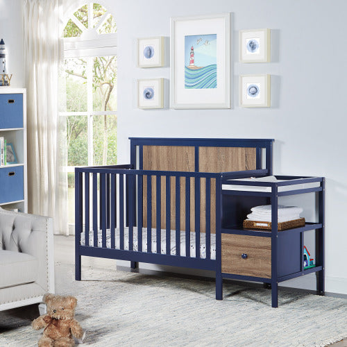 Connelly - 4 In 1 Crib and Changer Combo - Midnight Blue / Vintage Walnut