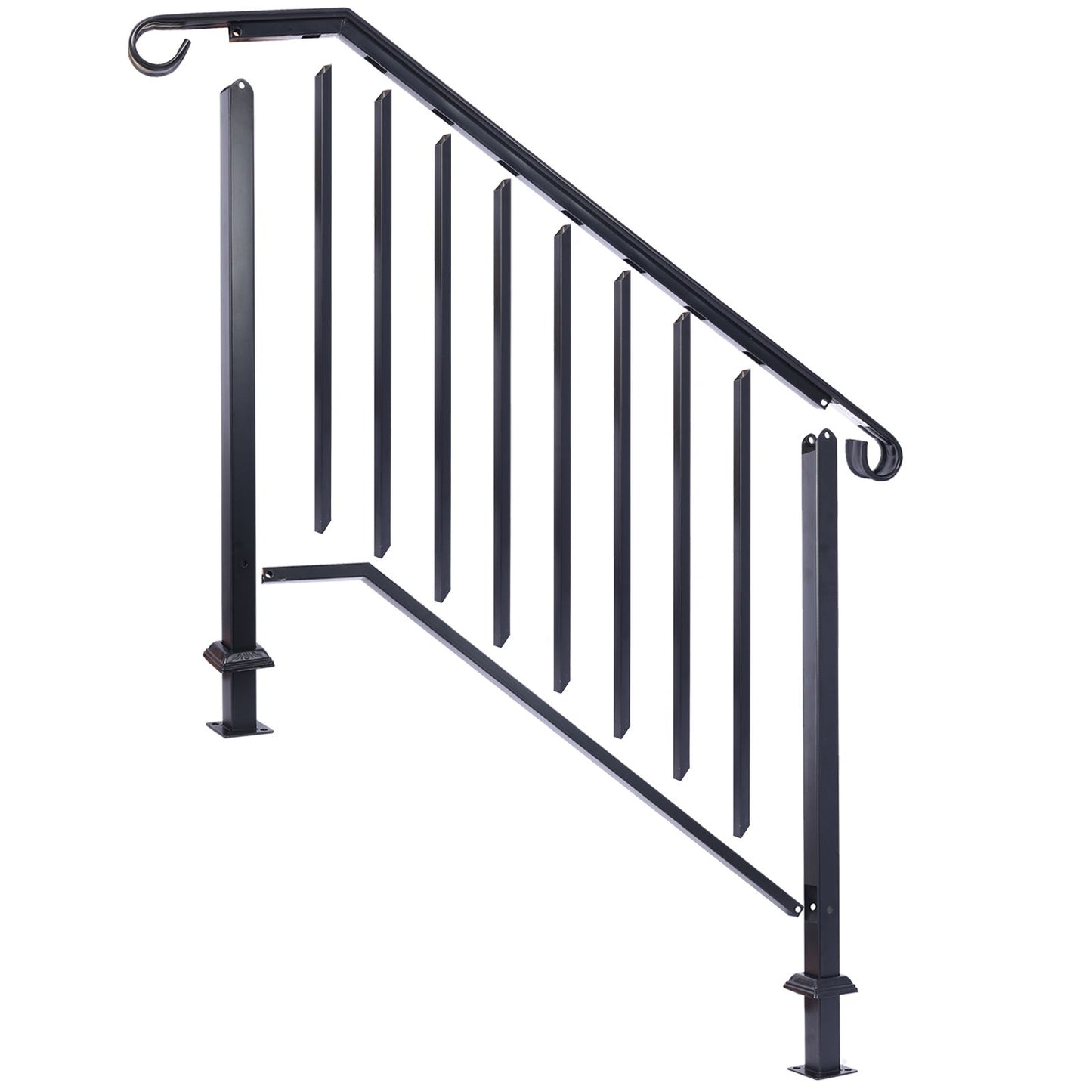 Handrails For Outdoor Steps, Fit 3 Or 4 Steps Outdoor Stair Railing, Picket#3 Wrought Iron Handrail, Flexible Porch Railing, Transitional Handrails For Concrete Steps Or Wooden Stairs - Black