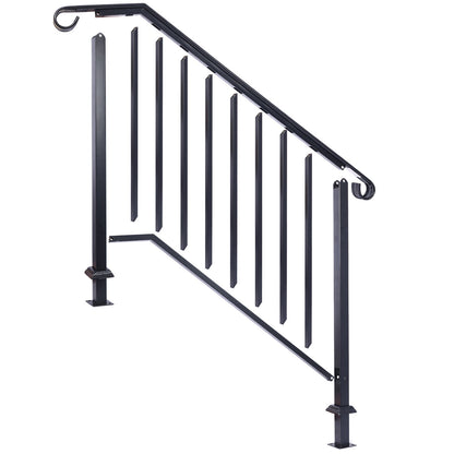 Handrails For Outdoor Steps, Fit 3 Or 4 Steps Outdoor Stair Railing, Picket#3 Wrought Iron Handrail, Flexible Porch Railing, Transitional Handrails For Concrete Steps Or Wooden Stairs - Black
