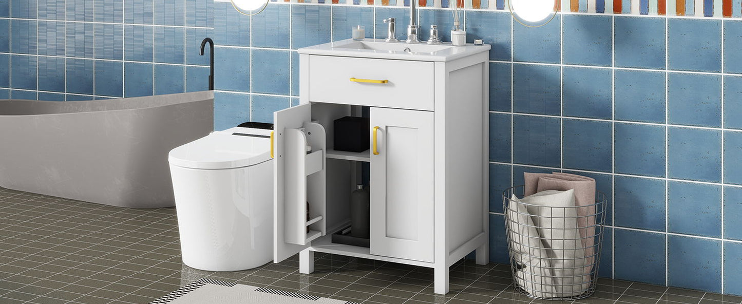 Bathroom Vanity Combo With Ceramic Sink, Luxurious Space-Saving Vanity, 2 Soft-Close Doors - Gold / White