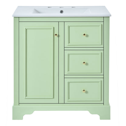 Bathroom Vanity Cabinet With Ceramic Basin, 3 Drawers And Adjustable Shelves - Green