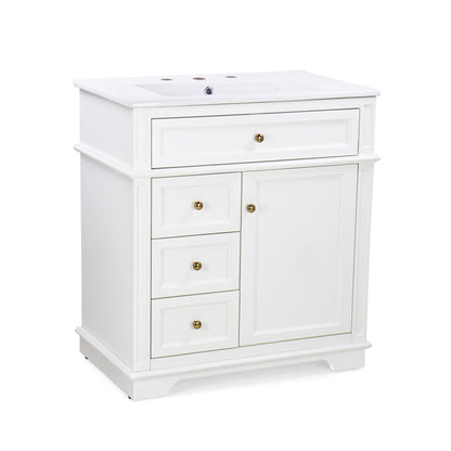Freestanding 30" Bathroom Vanity With Sink, Soft Closing Door, Tip Out Drawer - White