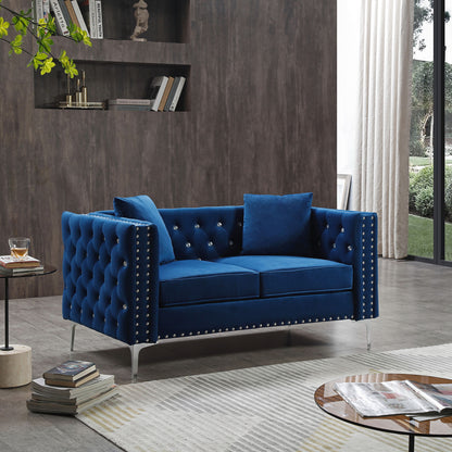 Wide Sofa With Jeweled Buttons, Square Arm, 2 Pillows - Blue