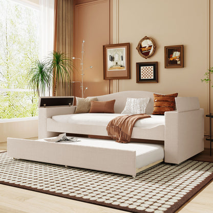 Twin Size Upholstered Daybed With Storage Armrests, Trundle And Latest Integrated Bluetooth Audio System - Beige