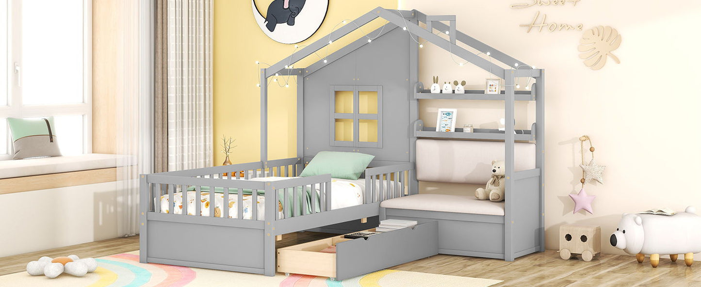 Twin Size House Bed With Sofa, Kids Platform Bed With 2 Drawers And Storage Shelf - Gray