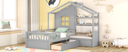 Twin Size House Bed With Sofa, Kids Platform Bed With 2 Drawers And Storage Shelf - Gray