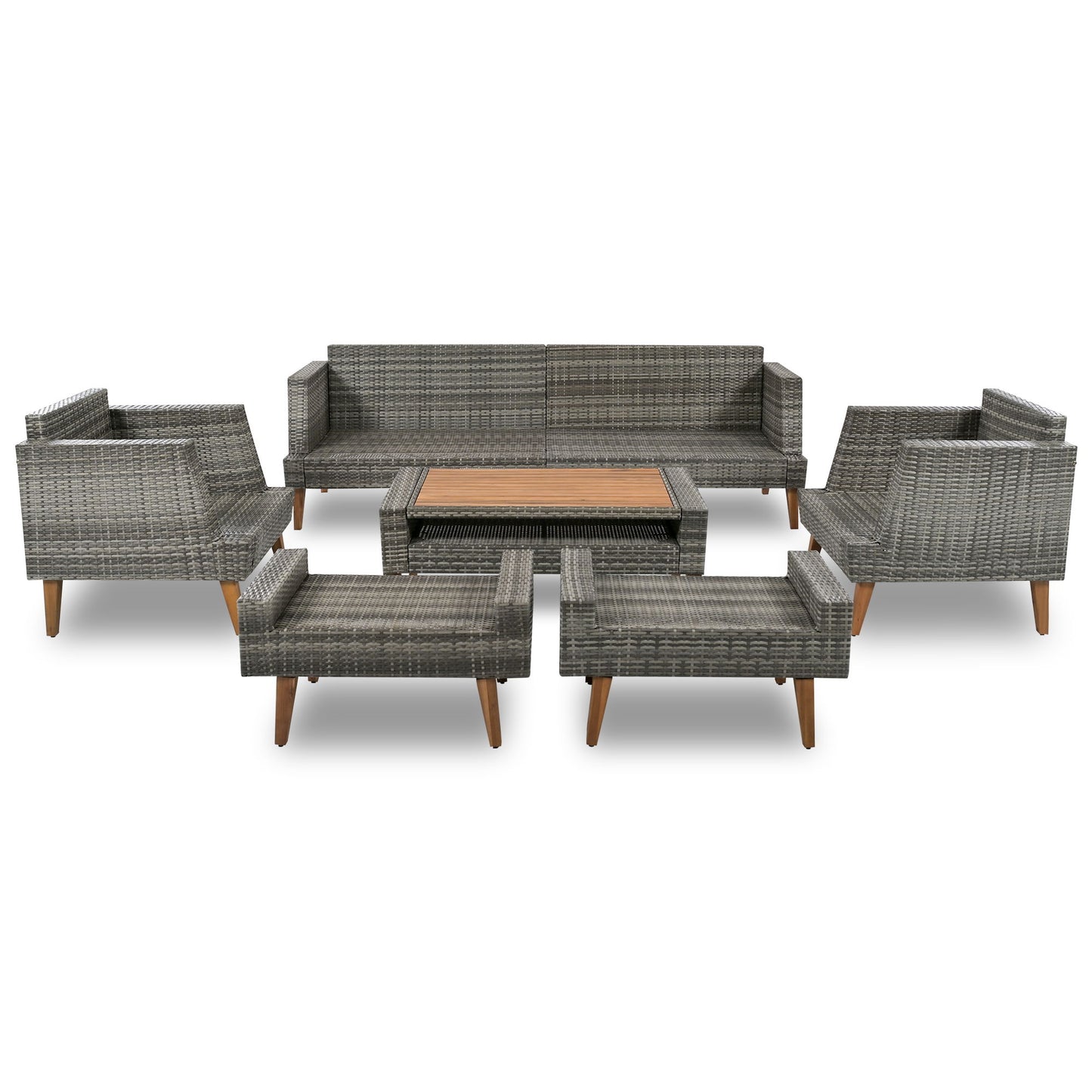 6 Pieces All Weather Sofa Set, Outdoor Rattan Sofa With Double Cushions, Wood Legs Wood Table Top - Beige / Gray