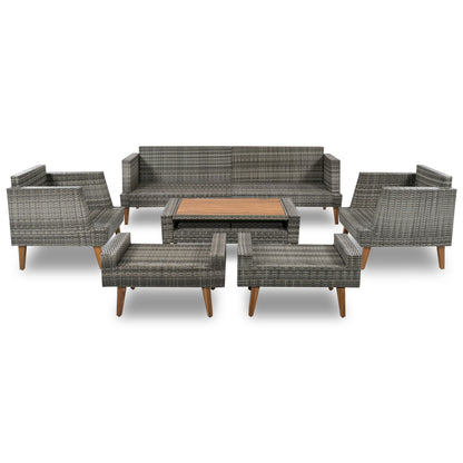 6 Pieces All Weather Sofa Set, Outdoor Rattan Sofa With Double Cushions, Wood Legs Wood Table Top - Beige / Gray