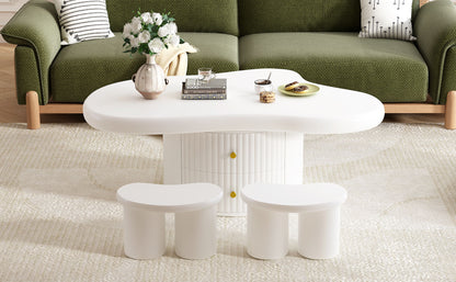 Cloud - Coffee Table (Set of 3), Irregular Shape Coffee Table With 2 Drawers, 2 Small Stools For Living Room - White