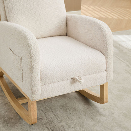 Rocking Chair For Nursery, High Back Glider With Retractable Footrest, Boucle Upholstery, Rubber Wood Legs - Ivory