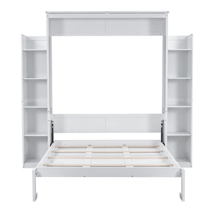 Queen Size Murphy Wall Bed With Shelves And LED Lights - White