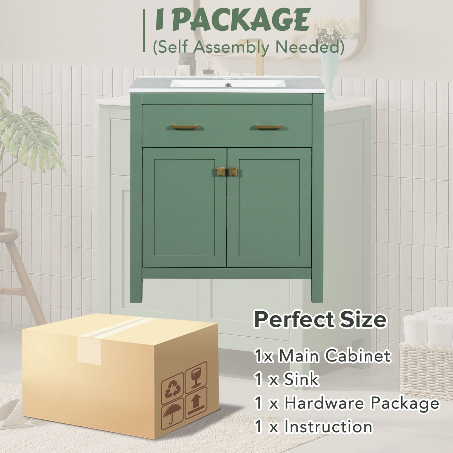 Bathroom Vanity With Ceramic Sink, Modern Single Bathroom Cabinet With 2 Doors And A Shelf, Soft Close Doors - Green