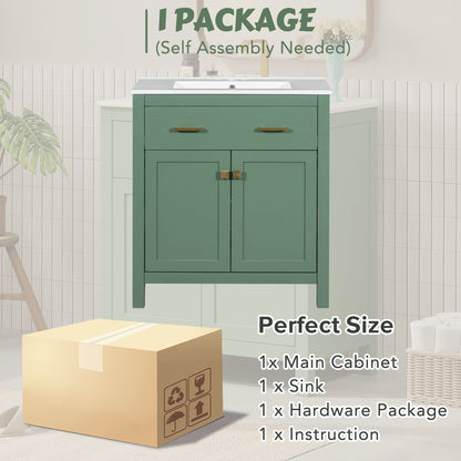 Bathroom Vanity With Ceramic Sink, Modern Single Bathroom Cabinet With 2 Doors And A Shelf, Soft Close Doors - Green