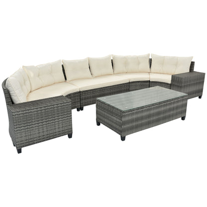 8 Pieces Outdoor Wicker Round Sofa Set, Half-Moon Sectional Sets All Weather, Curved Sofa Set With Rectangular Coffee Table, PE Rattan Water-Resistant And UV Protected, Movable Cushion - Beige