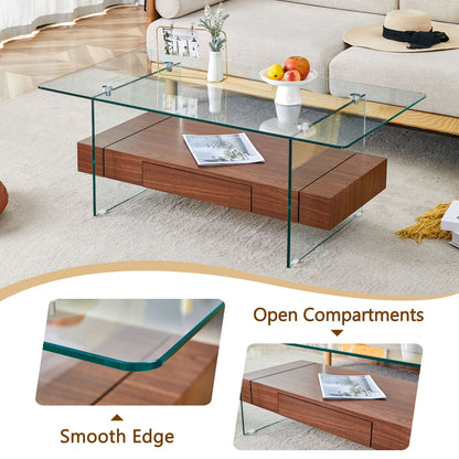 Modern 2 Tier Coffee Table With Drawer Clear Tempered Glass, Multifunctional Storage - Transparent / Wood