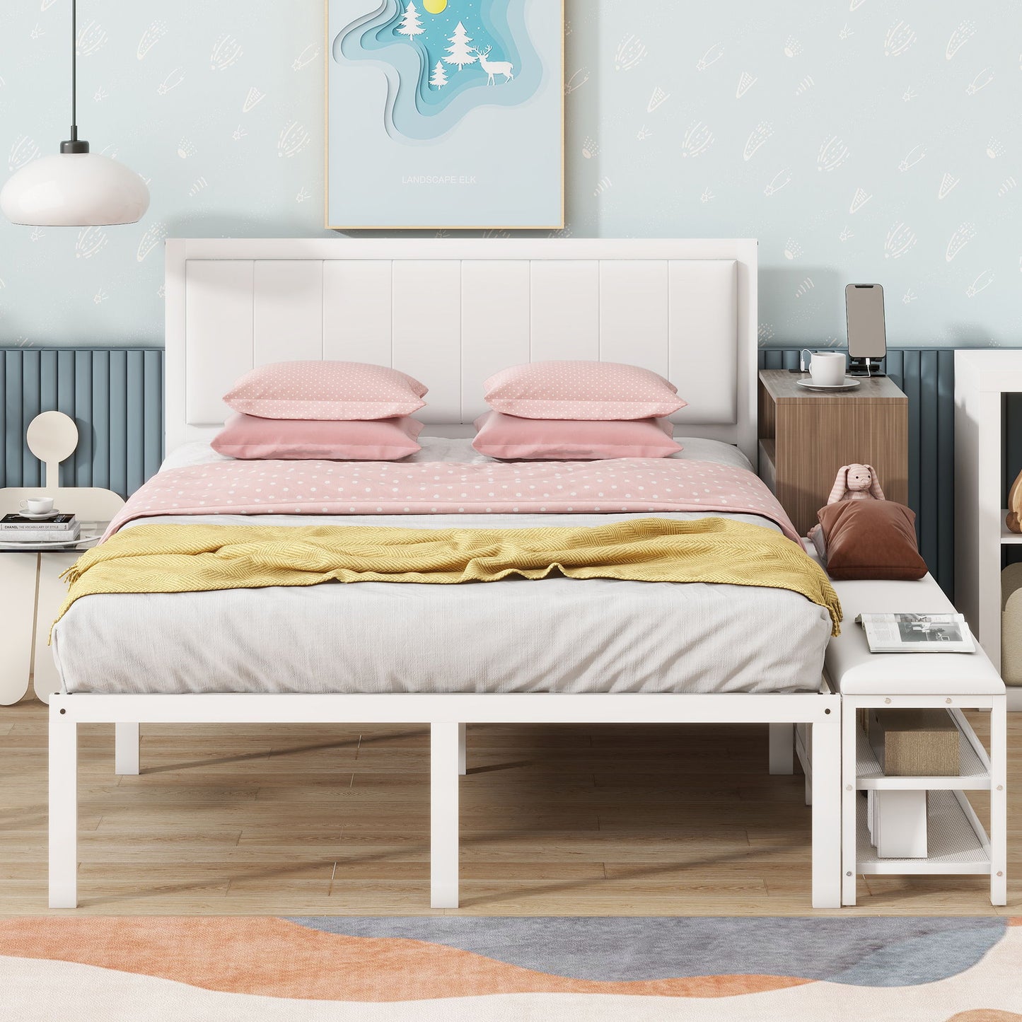 Full Size Platform Bed With 2 Tier Storage Shelves, Storage Cabinet - White