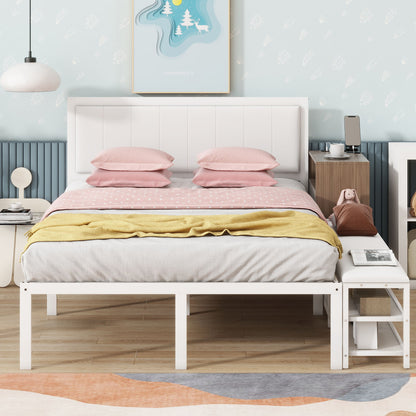 Full Size Platform Bed With 2 Tier Storage Shelves, Storage Cabinet - White
