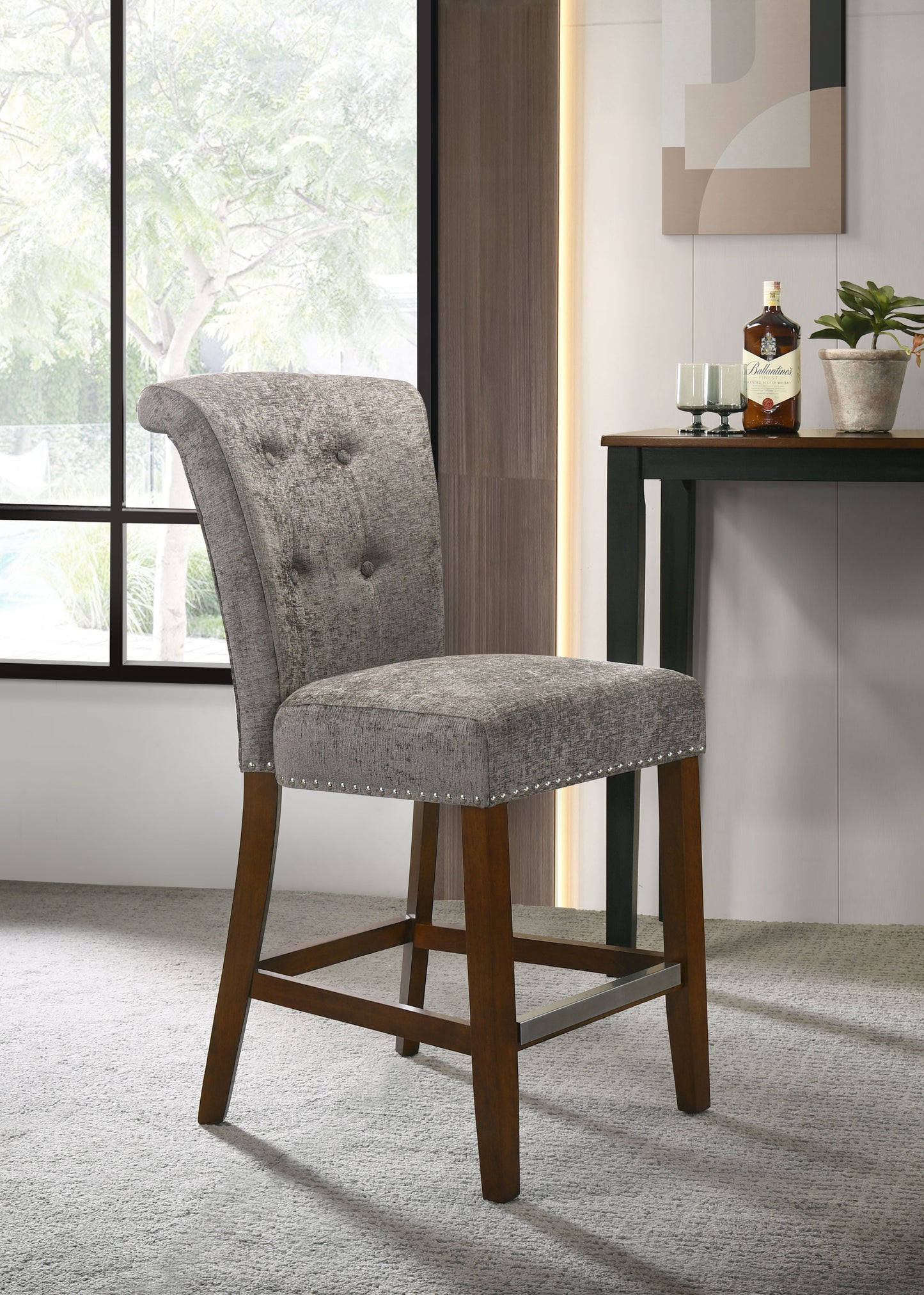 Auggie - Fabric Counter Height Chair With Nailhead Trim - Gray