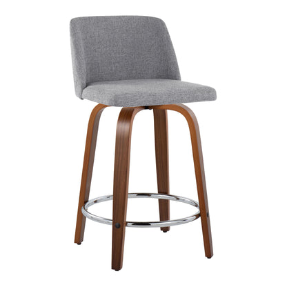 Toriano - Mid-Century Modern Fixed Height Counter Stool & Swivel And Round Footrest (Set of 2) - Walnut / Gray
