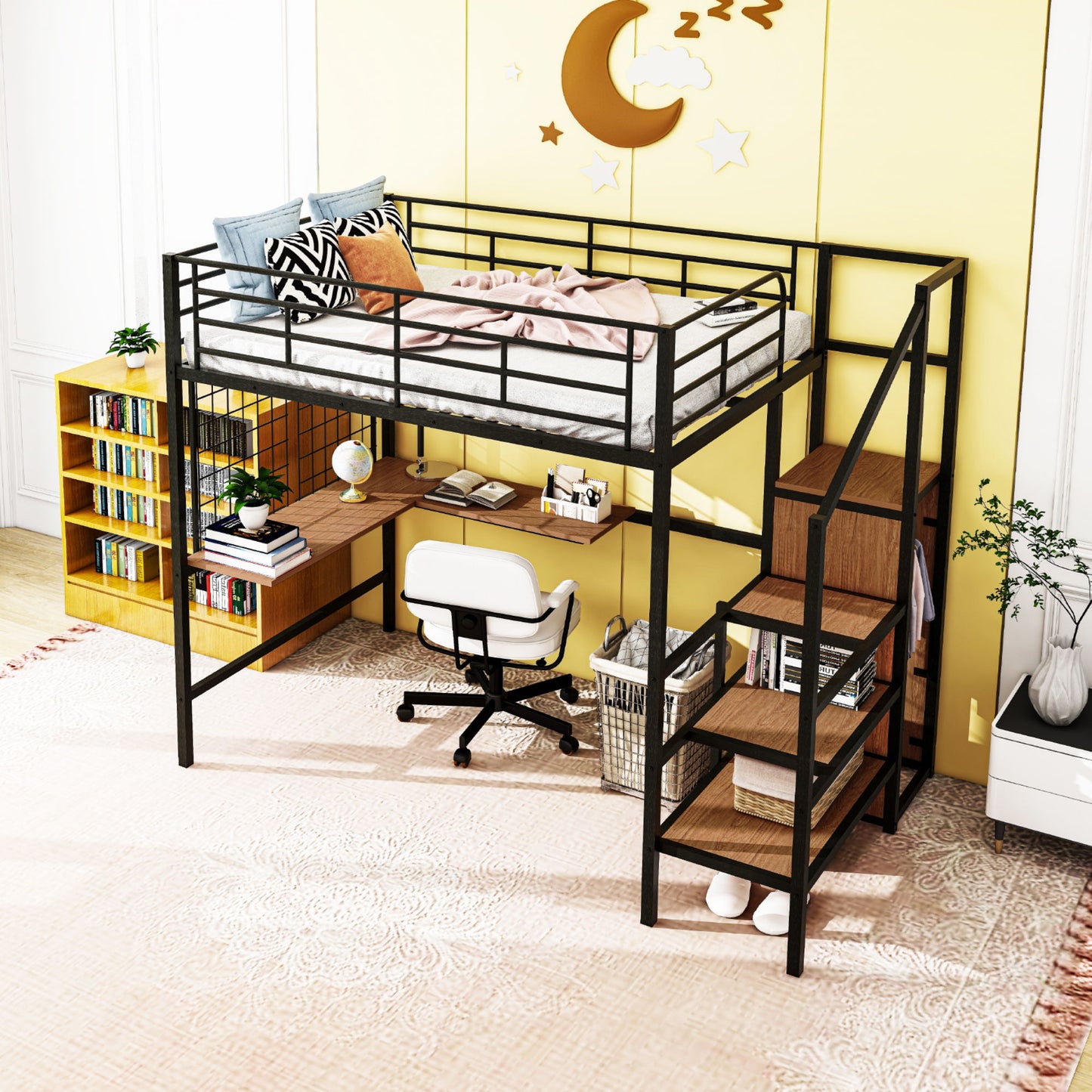 Full Size Loft Bed With Desk And Grid, Stylish Frame With Lateral Storage Ladder And Wardrobe - Black