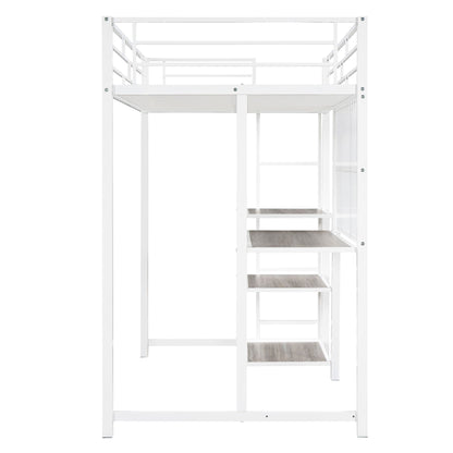 Twin Size Loft Bed With Desk And Whiteboard, Loft Bed With 3 Shelves And Ladder - White