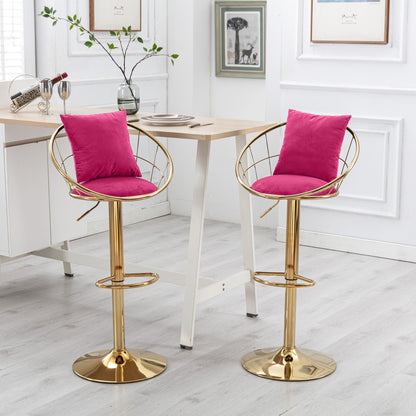 Velvet Bar Chair, Pure Gold Plated, Unique Design, 360 Degree Rotation, Adjustable Height, Suitable For Dining Room And Bar, (Set of 2) - Rose Red