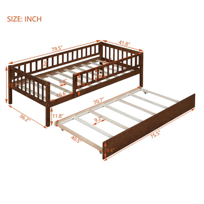 Twin Size Daybed With Trundle And Fence Guardrails - Walnut
