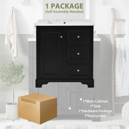 Bathroom Vanity Cabinet With Ceramic Basin, 3 Drawers And Adjustable Shelves - Black
