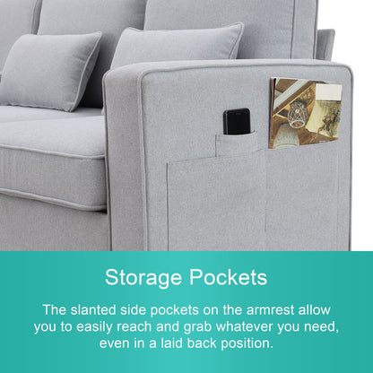 4 Seater Modern Linen Sofa With Armrest Pockets And 4 Pillows, Minimalist Style Couch - Light Gray