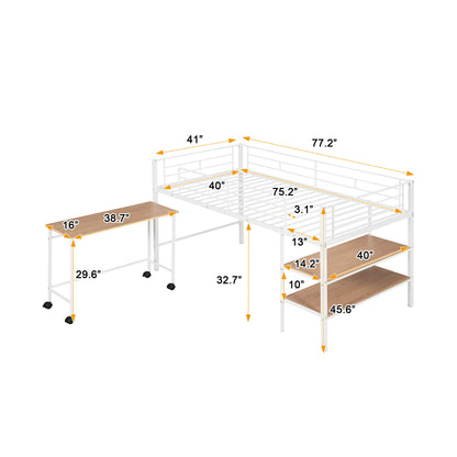 Twin Size Loft Bed With Desk And Shelves - White