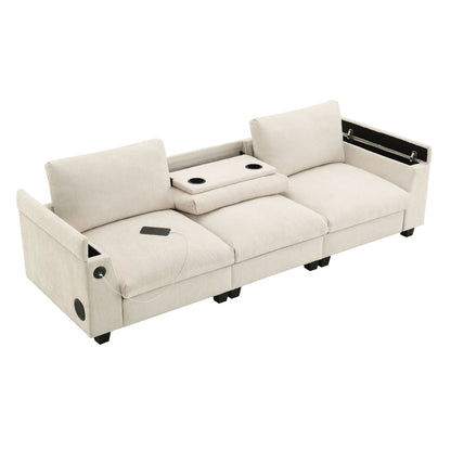 Sectional With Bluetooth Speaker Comfy Cloud Couch Set With Drop Down Table Cup Holders, USB Charger Storage Armrest Wide Seat Sofa - Beige