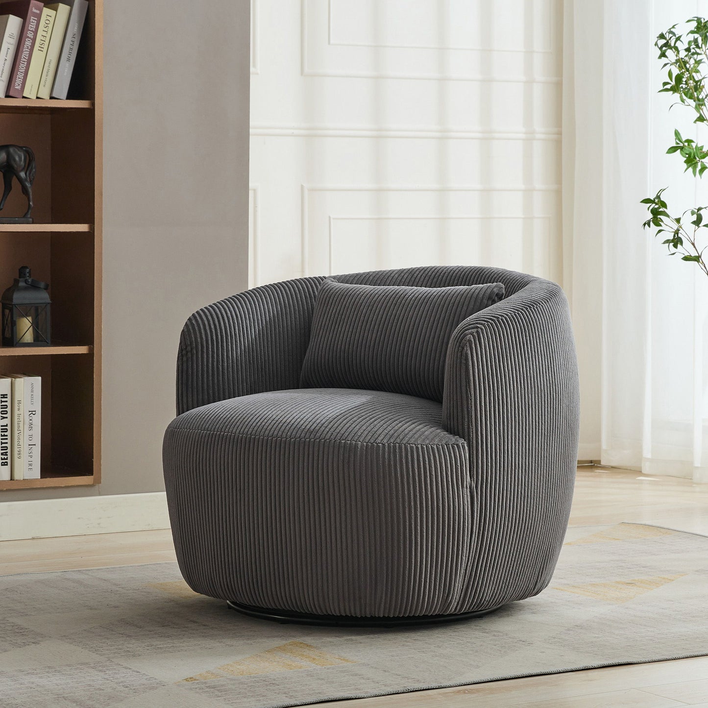 Upholstered Metal Base 360 Degree Swivel Barrel Soft Chair With Pillow, For Club, Living Room, Bedroom, Office As Well As Reading Armchair - Charcoal