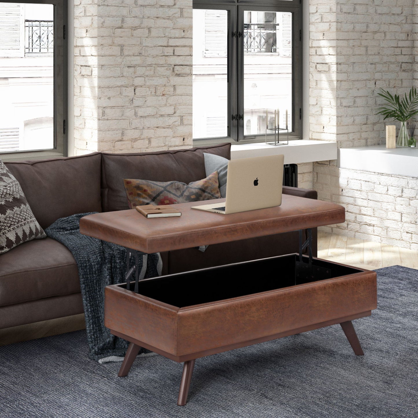 Owen - Lift Top Large Coffee Table Storage Ottoman - Distressed Saddle Brown