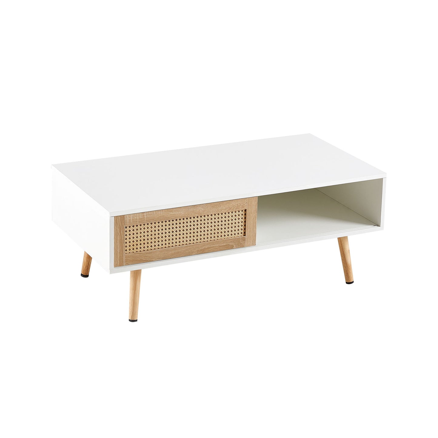 41.34" Rattan Coffee Table, Sliding Door For Storage, Solid Wood Legs, Modern Table For Living Room - White