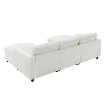 Modular Sectional With Storage Pockets, 5 Seat U Shaped Couch Set With Pillows Free Combination Modern Cloud Sofa With 2 Movable Ottoman - White
