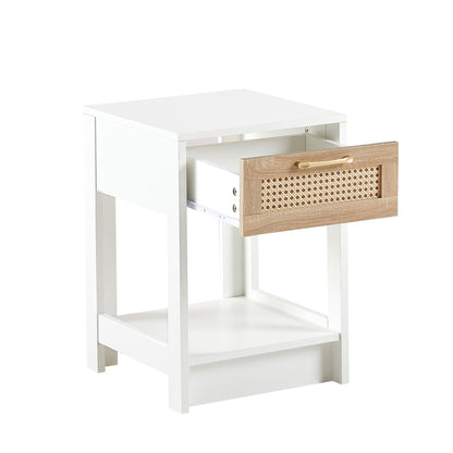 15.75" Rattan End Table With Drawer, Modern Nightstand, Side Table For Living Room, Bedroom - White