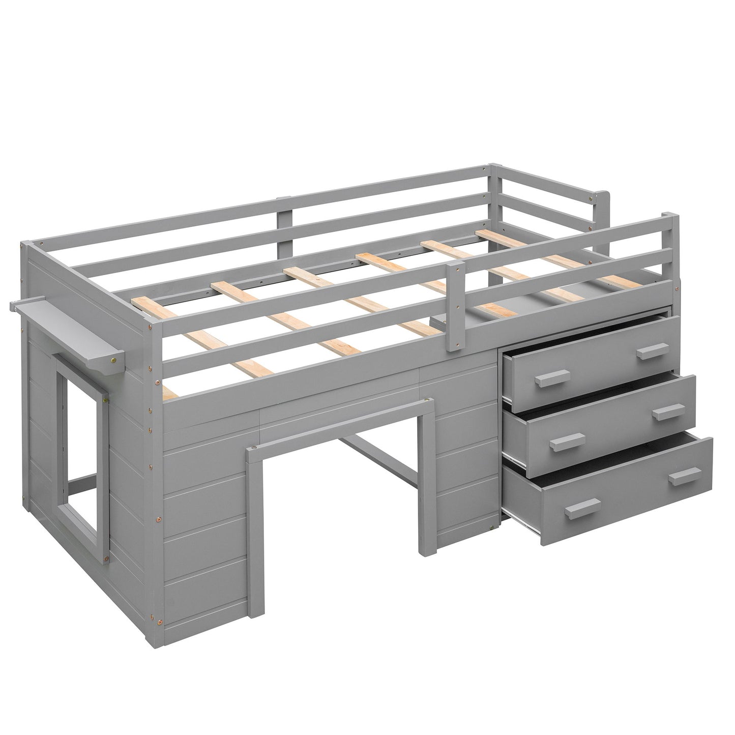 Twin Size Loft Bed With Cabinet And Shelf - Gray