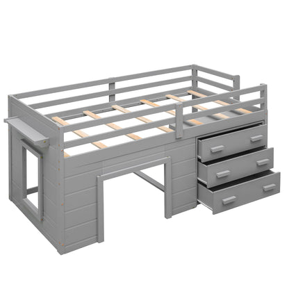 Twin Size Loft Bed With Cabinet And Shelf - Gray