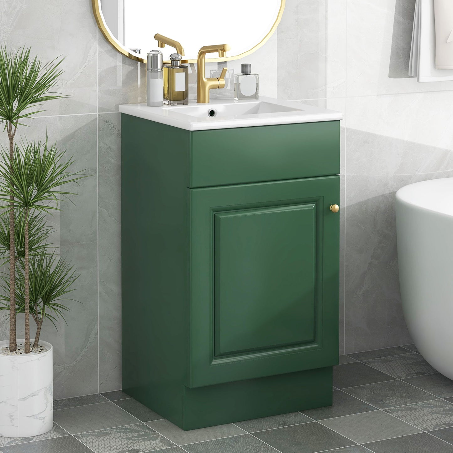 18" Bathroom Vanity With Sink, & Ceramic Cabinet With Adjustable Shelf - Green
