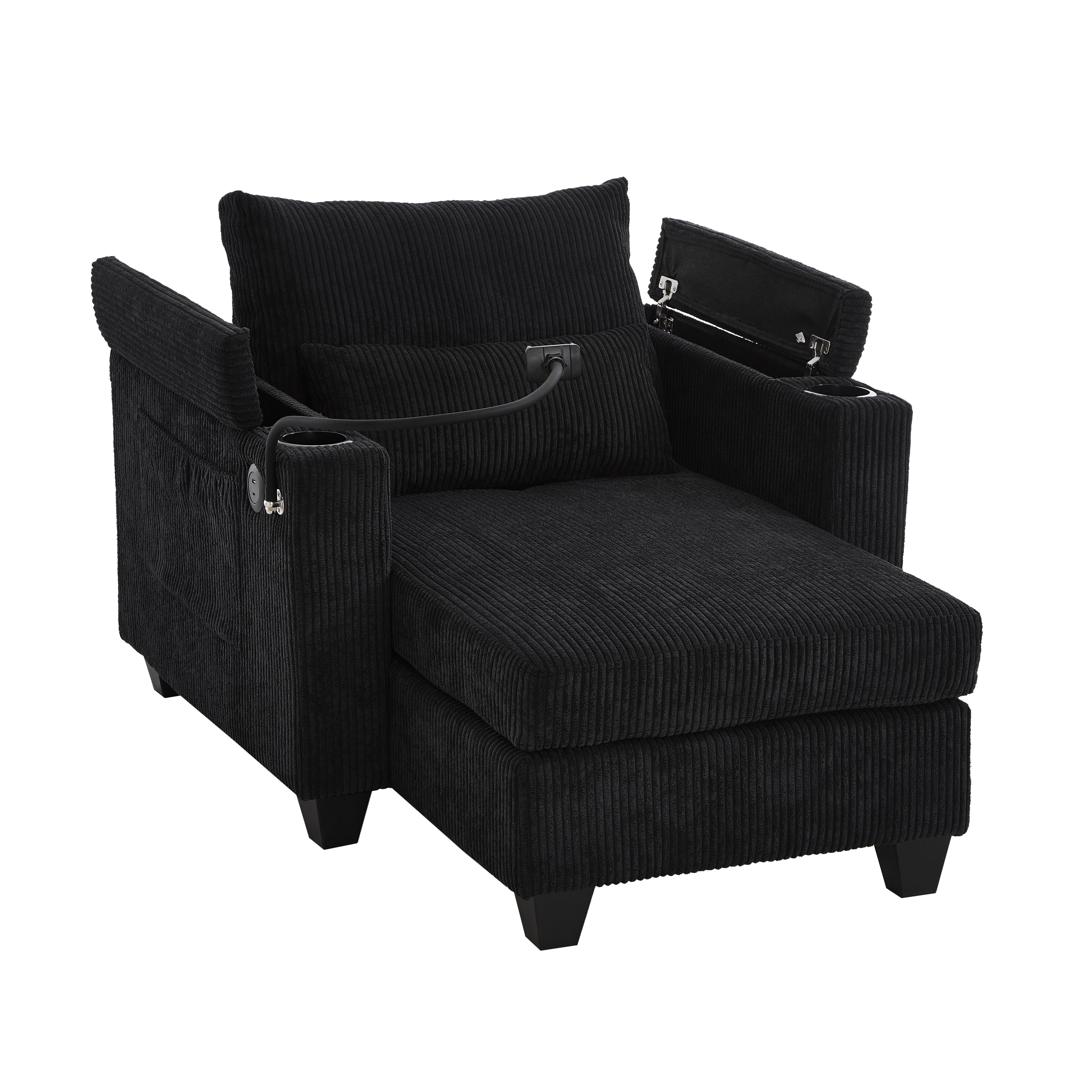 Convertible Chaise Lounge Sofa Chair Bed With USB Ports, Cup Holders & Storage - Black