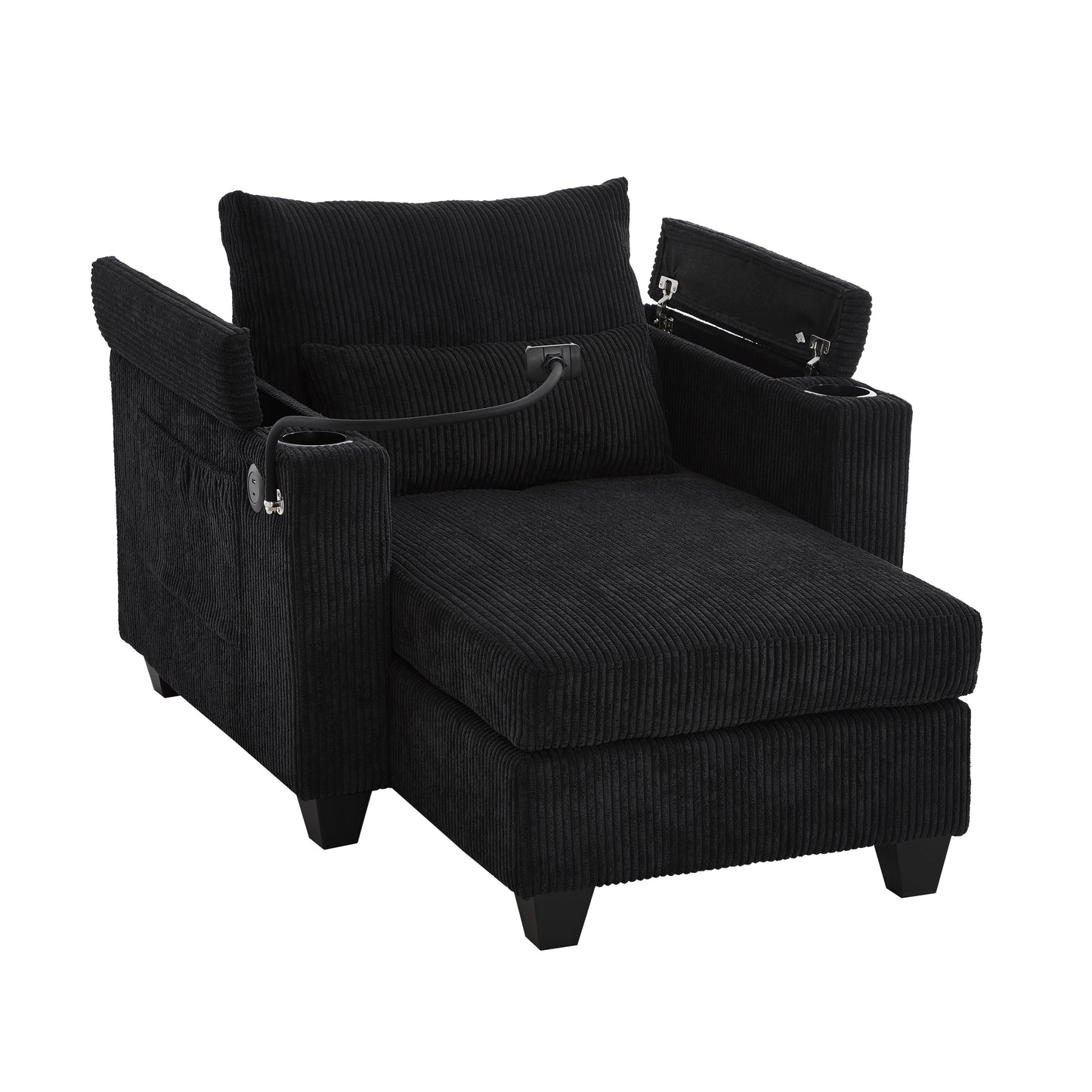 Convertible Chaise Lounge Sofa Chair Bed With USB Ports, Cup Holders & Storage - Black
