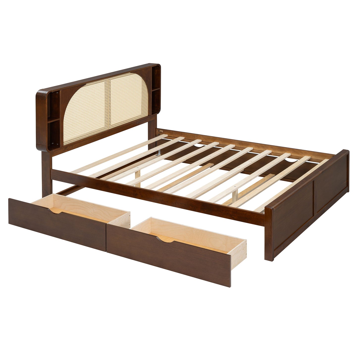 Queen Size Headboard Bed With 2 Drawers And Trundle Walnut