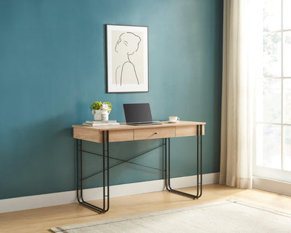 Computer Desk Writing Desk With One Drawer Metal Legs And USB Outlet Port - Light Brown / Black
