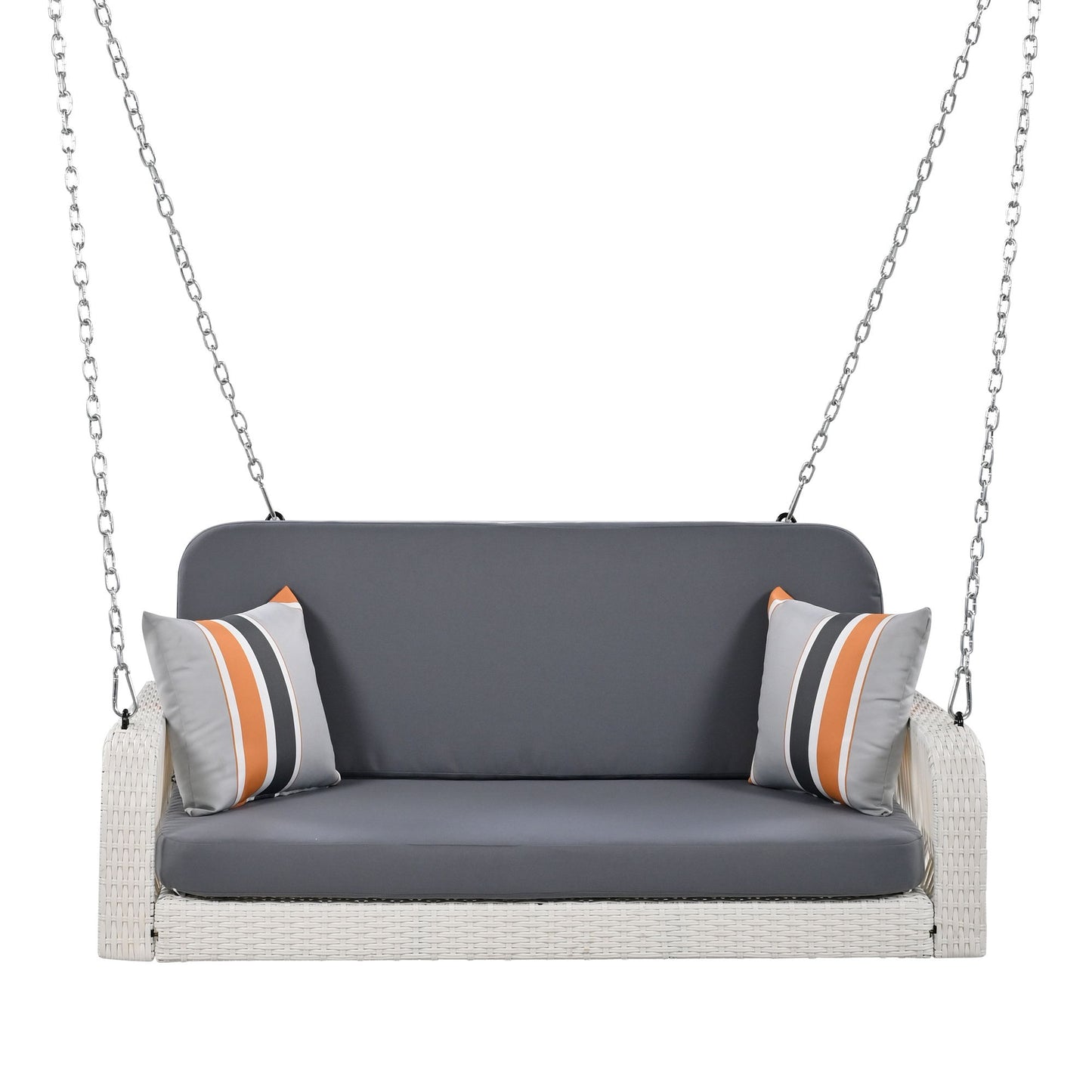 PE Wicker Porch Swing, 2 Seater Hanging Bench With Chains, Patio Furniture Swing For Backyard Garden Poolside - White / Gray