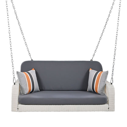 PE Wicker Porch Swing, 2 Seater Hanging Bench With Chains, Patio Furniture Swing For Backyard Garden Poolside - White / Gray