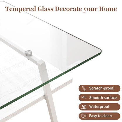 Rectangle Coffee Table, Tempered Glass Tabletop With Metal Legs, Modern Table For Living Room - Transparent / White
