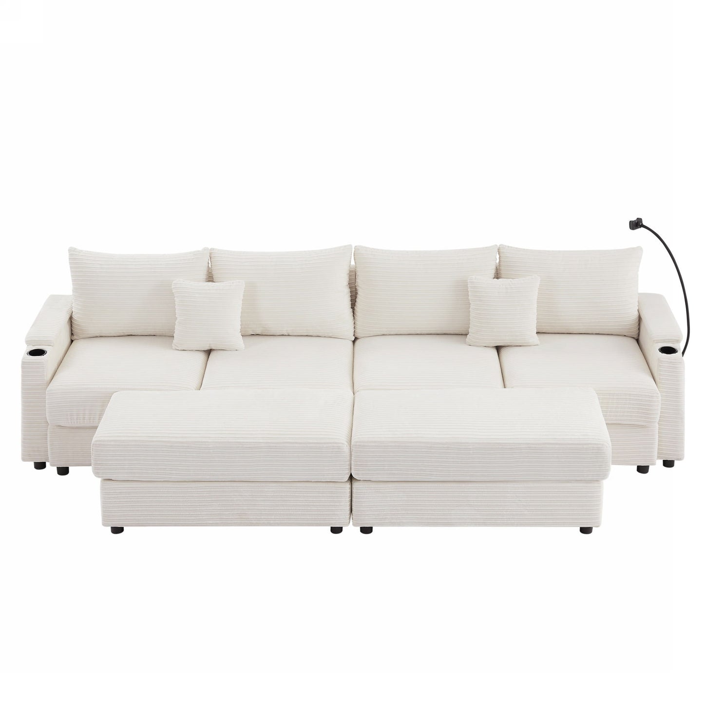Modern Style 4 Seater Sofa Sectional Sofa Couch With Storage Space, Two Movable Ottomans, Two USB Ports, Two Cup Holders, A Phone Holder For Living Room - Beige