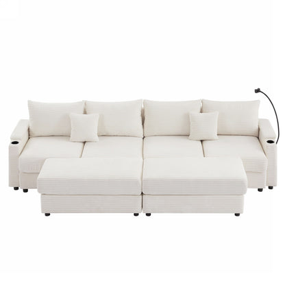 Modern Style 4 Seater Sofa Sectional Sofa Couch With Storage Space, Two Movable Ottomans, Two USB Ports, Two Cup Holders, A Phone Holder For Living Room - Beige