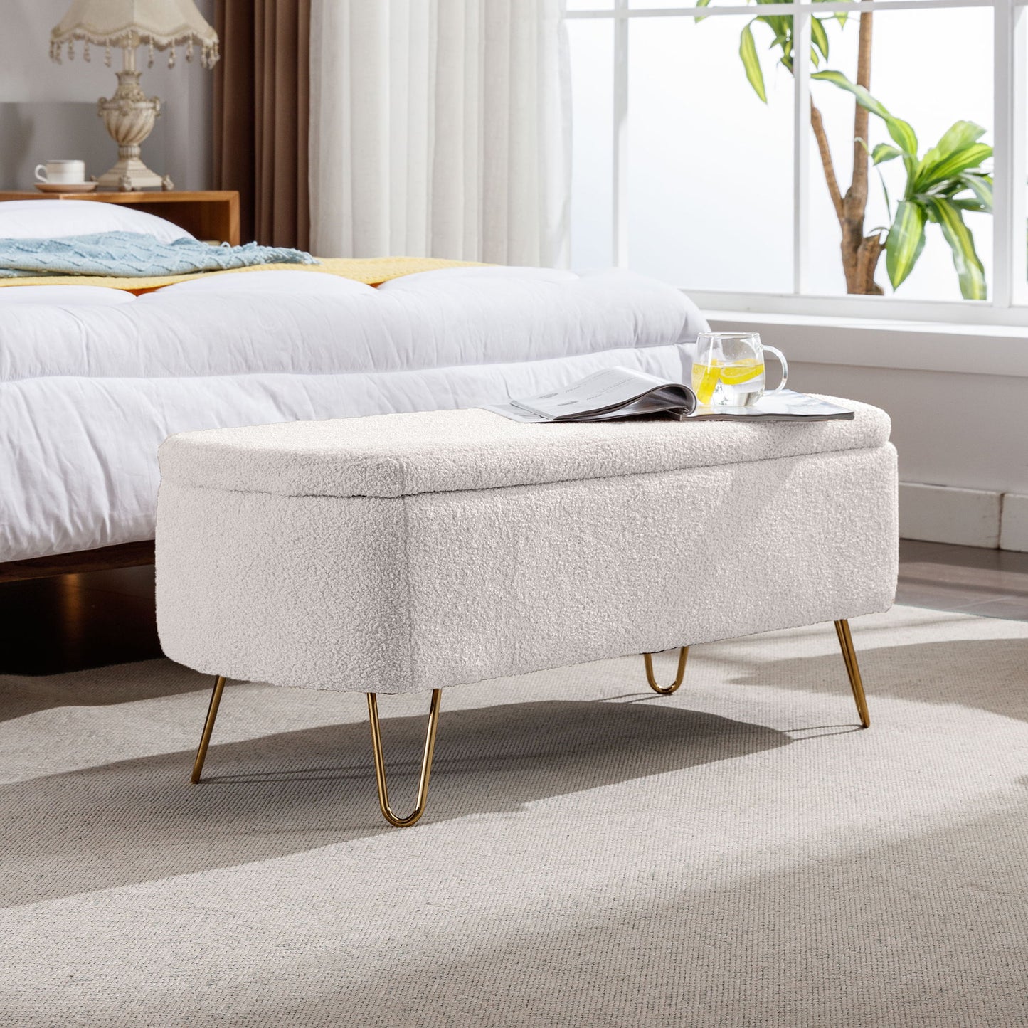 Storage Ottoman Bench For End Of Bed Gold Legs, Modern Ivory White Faux Fur Entryway Bench Upholstered Padded With Storage For Living Room Bedroom - Ivory